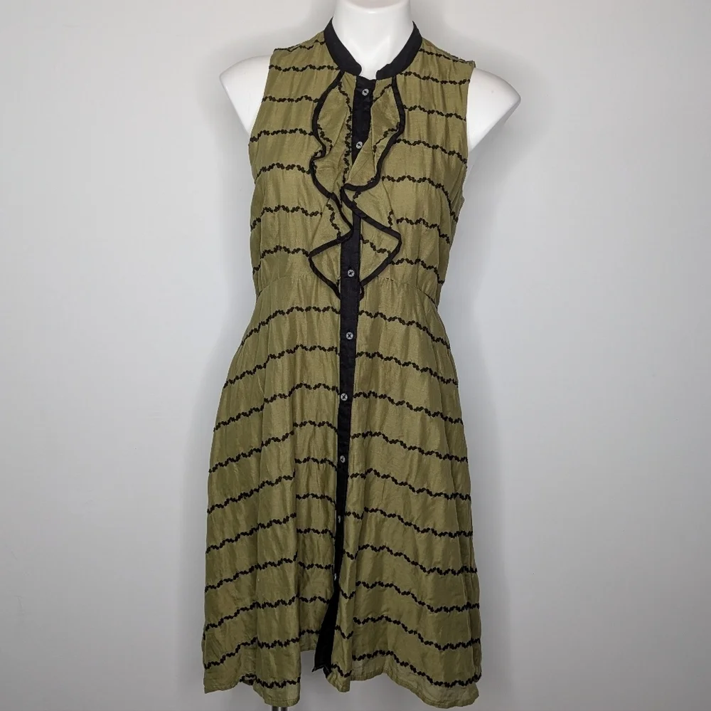 Anthro Postmark Green Black Sleeveless Cotton Ruffle Midi Dress 6 - Picture 1 of 11
